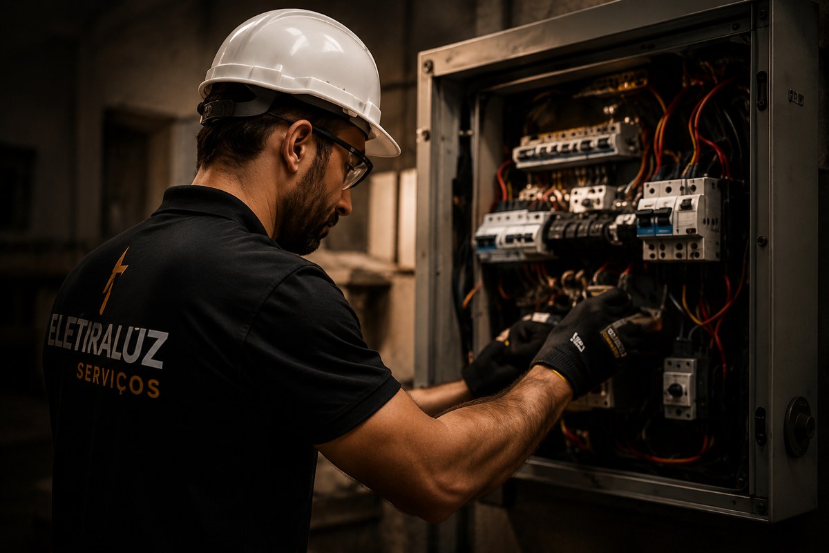 Eletricista trabalhando em quadro elétrico